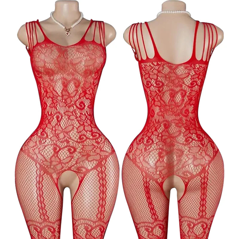 See Through Erotic Open Crotch Lingerie Women Mesh Hollow Bra Set Sexy Bodysuit Lace Rose Print Bodystockings Porn Underwear Set