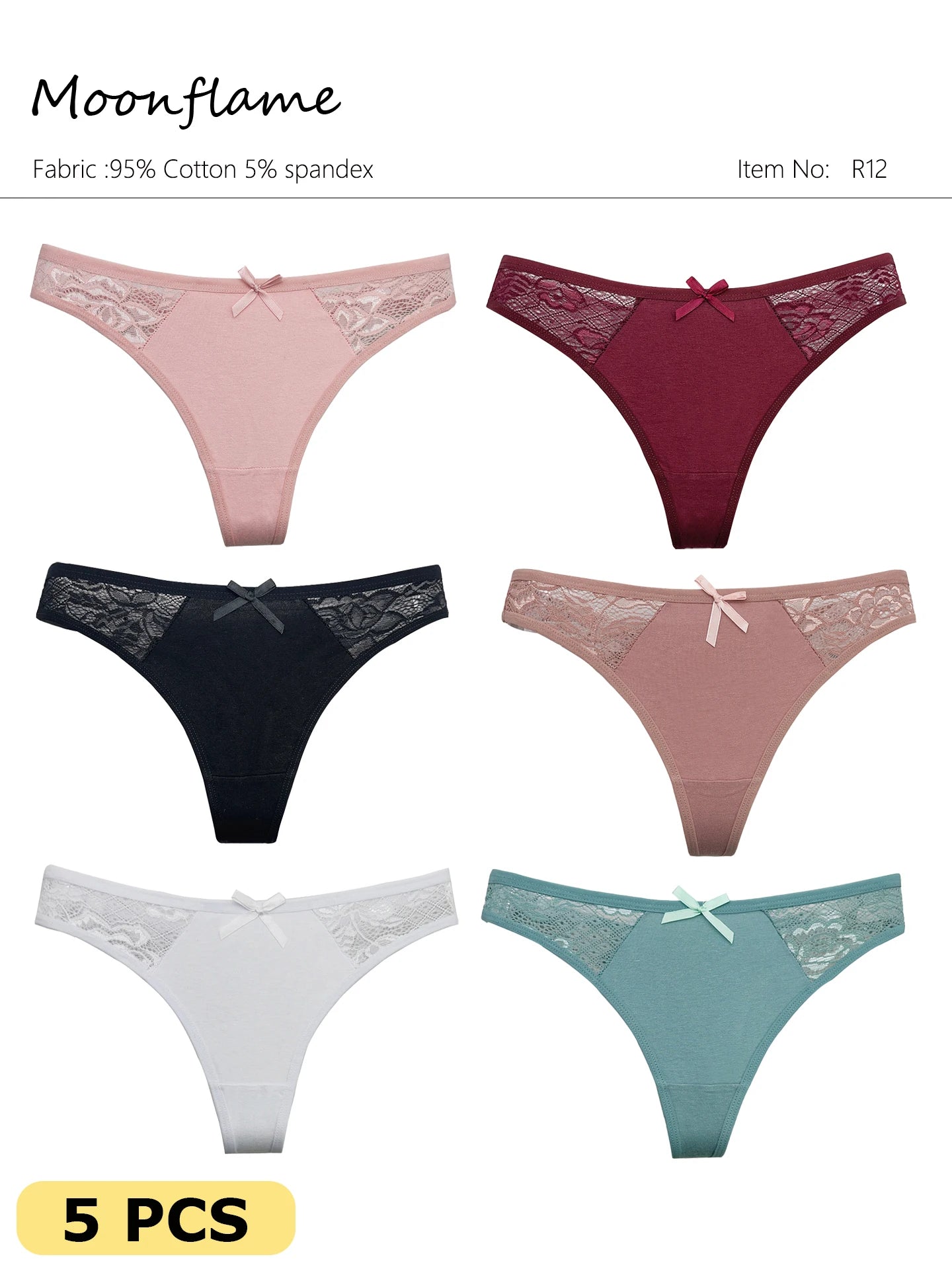 Moonflame 5Pcs Women Cotton Lace Thongs Sexy Low Waist Panties Solid Comfort Underwear Solid Breathable G-String Soft Lingerie