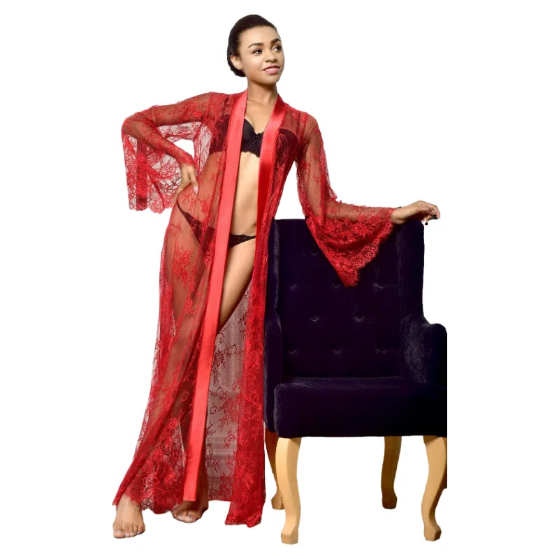 5 Color Women Sexy Lace Wedding Bride Robes Bridesmaid Gowns Sheer Kimono Bathrobe Femme Long Sleeve Nightgowns Nightdress