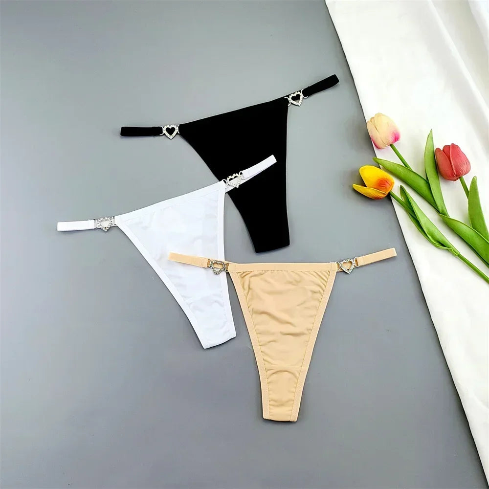 3 Pcs Thin Strap Nylon Thong Women Low Waist Sexy Rhinestone Buckle Underwear Ladies Seamless Ice Silk G-string Panty Plus Size