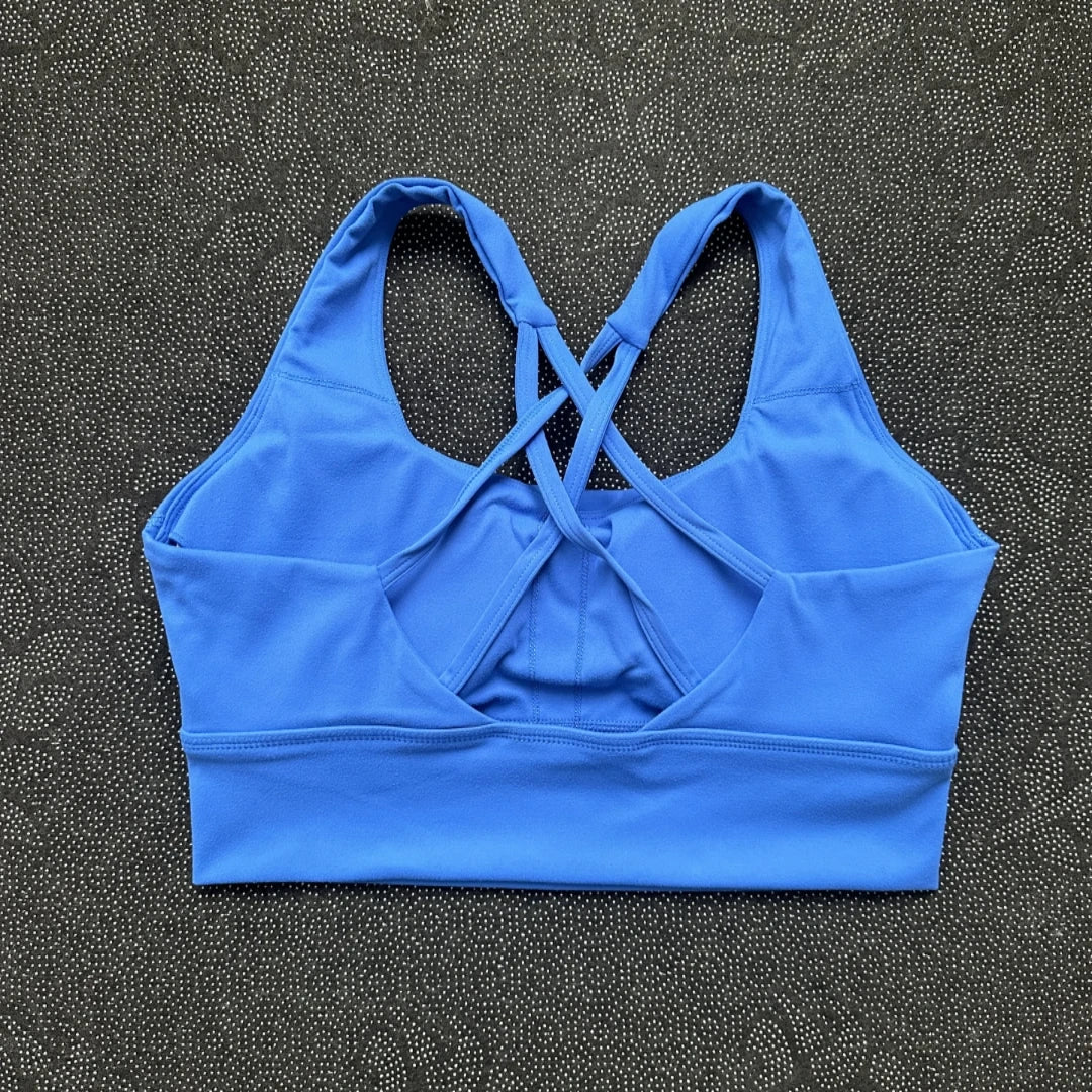 Solid Color Butter Cross Back Soft Push Up Gym Yoga Underwear Women Hollow back shoulder strap Fitness Tight sport Bra Top pad