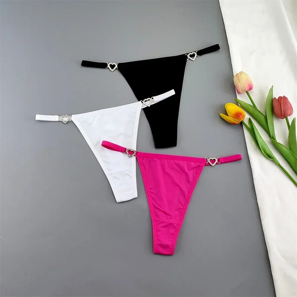3 Pcs Thin Strap Nylon Thong Women Low Waist Sexy Rhinestone Buckle Underwear Ladies Seamless Ice Silk G-string Panty Plus Size