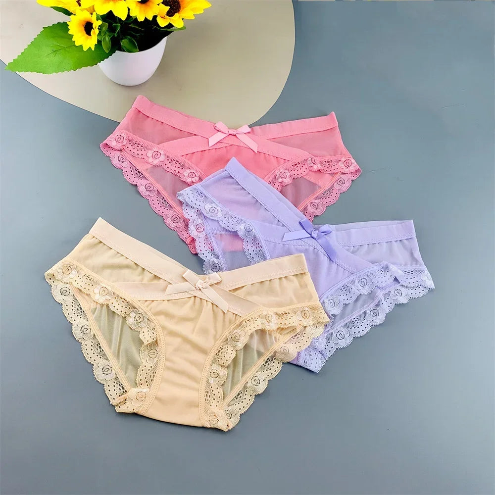 3 Pieces Hot Comfortable Mesh Briefs Women Sexy Seamless Lace Trim Underwear Cute Bow Ladies Breathable Briefs Plus Size