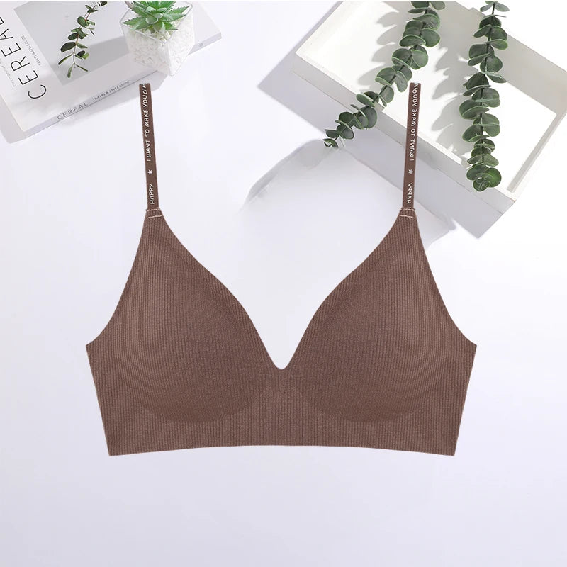 FINETOO Women Sexy Seamless Bras Deep V Neck Bralette Sexy Lingerie Letter Strap Tops Push Up Underwear Wireless Brassiere Lady