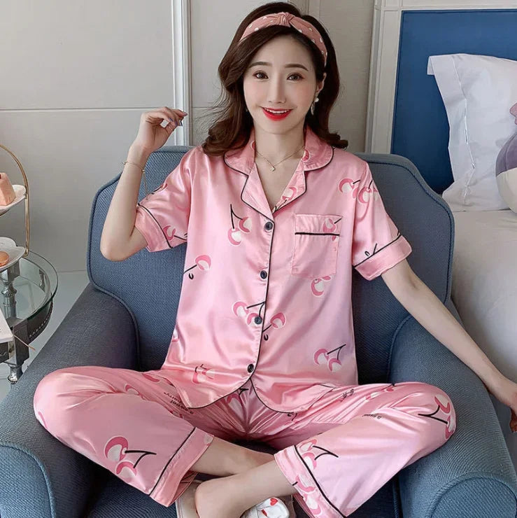 Satin Silk Pajamas Set for Women Cartoon Print Turn-down Collar Short Sleeve Top+Long Pants Matching Sets Homewear Plus Size 5XL