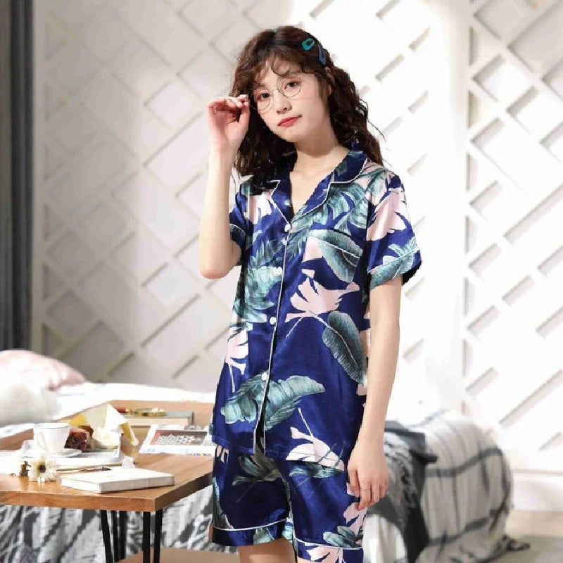 Satin Silk Pajamas Set for Women Cartoon Print Turn-down Collar Short Sleeve Top+Long Pants Matching Sets Homewear Plus Size 5XL