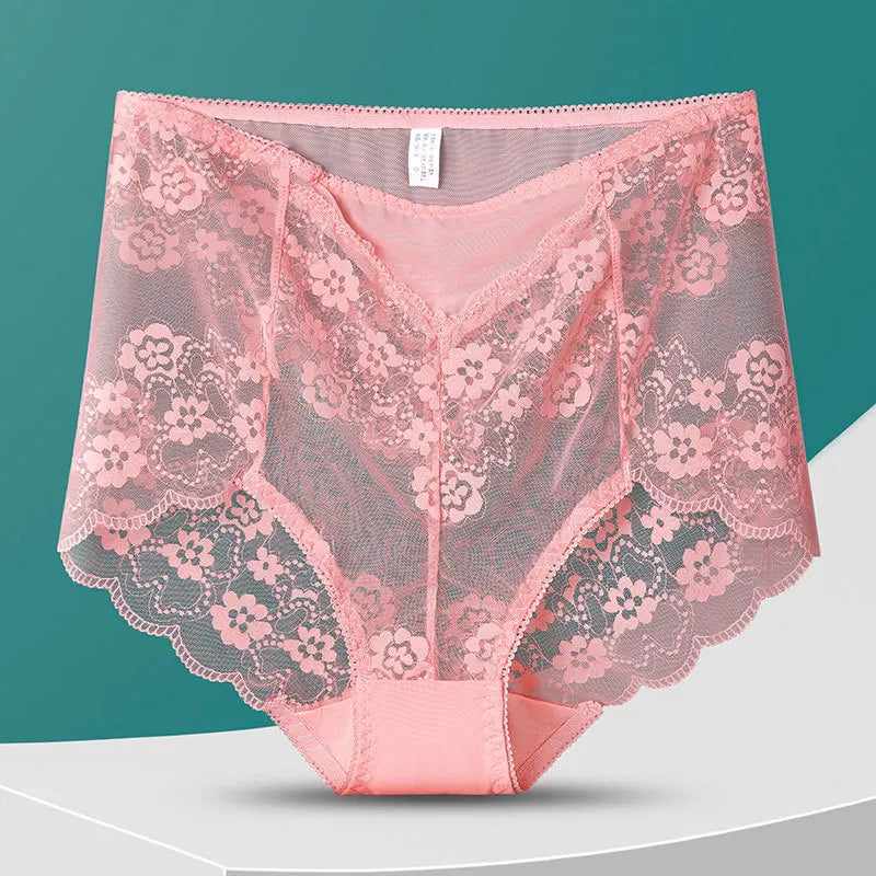 Women High Waist Plus Size Panties Sexy Lace Mesh Floral Transparent Briefs Fashion Underpants Lingerie Seamless Underwear