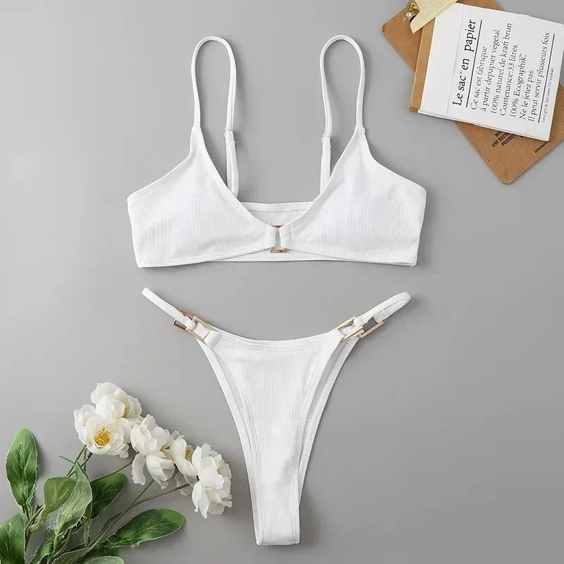 Sexy Brown Ribbed Swimwear 2026 Micro Thong Bikinis Sets Women Metal Ring Swimsuits String Bathing Suit Bikini Bathers Biquinis