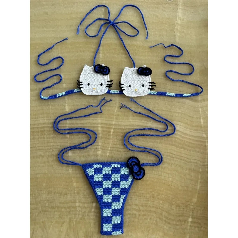 Sanrio Cute Bikini Set Crochet Girls Swimsuit Hello Kitty Sexy Bathing Suit Kwaii Women Swim Suit Bandage Micro Bikinis Swimwear