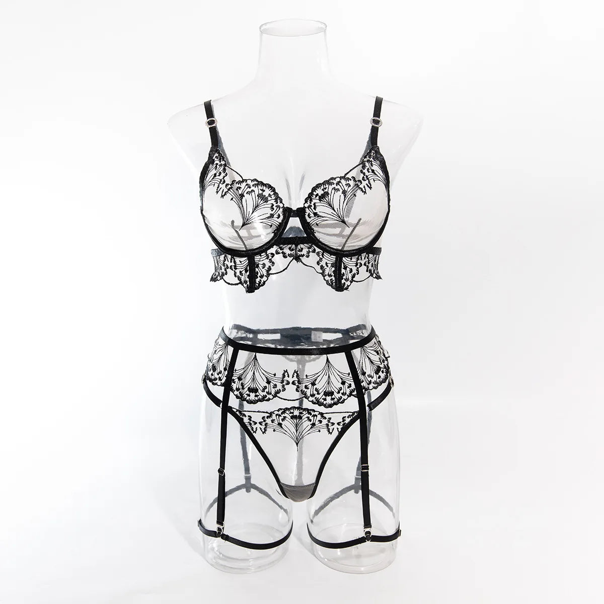 Krasapt Luxury Mesh Embroidered Lingerie Sets Fancy Lace Diamonds Bra And Panty Garter 4pcs Sensual Transparent Lingerie Outfits