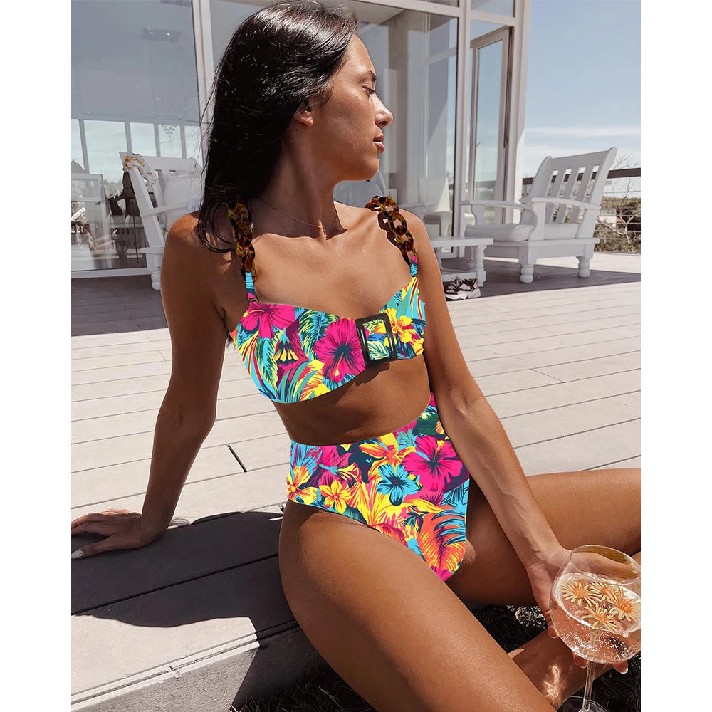 Sexy High Waist Ruffles Bikinis Bandeau Swimwear Women 2025 New Ribbed Women's Swimsuits Bathing Suit Solid Brazilian biquini