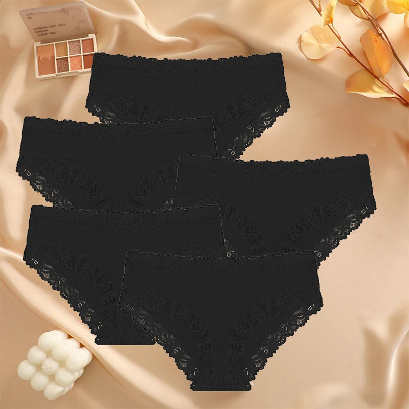 5PCS/Set Sexy Lace Cotton Panties for Women Flroal Lace Seamless Briefs Low Rise Lingerie Female Breathable Soft Underwear S-XL