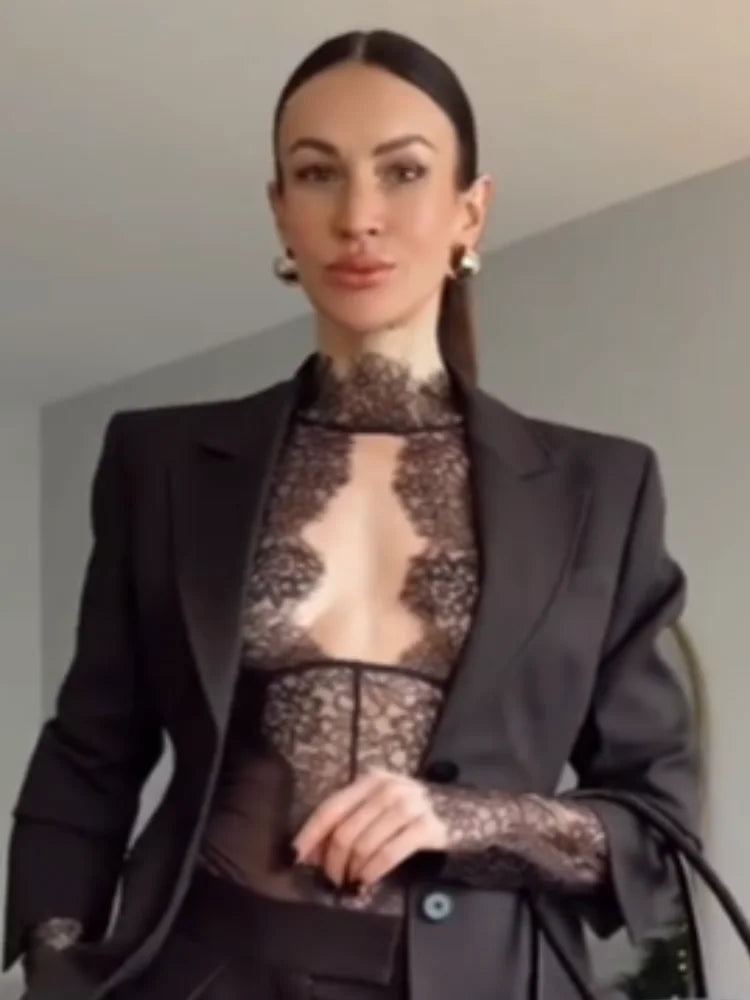 Women Sexy Lace Reflective One-piece Suit Chic Hollow-out Long Sleeve See Through Set 2026 Fashion Lady Street Party Club Outfit