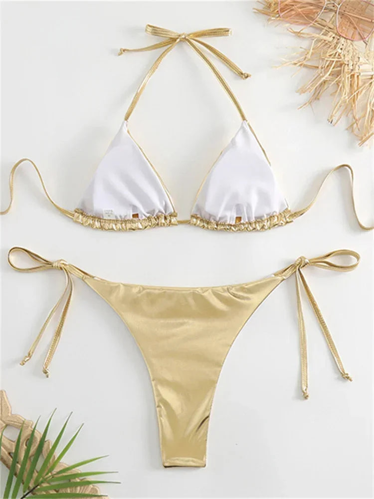 Sexy Brozing Gold Bikinis Sets Women Push Up Micro Bikini Swimsuit 2025 Brazilian Beach Bathing Suit Tie Side Triangle Swimwear