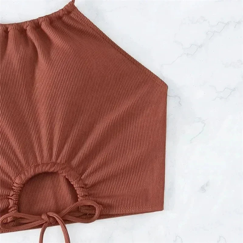 Brown Ribbed Swimwear Shorts Swimsuits Women Halter Bikinis Sets String Drawstring Bathing Suit Beachwear Sexy Bikini 2026 Mujer