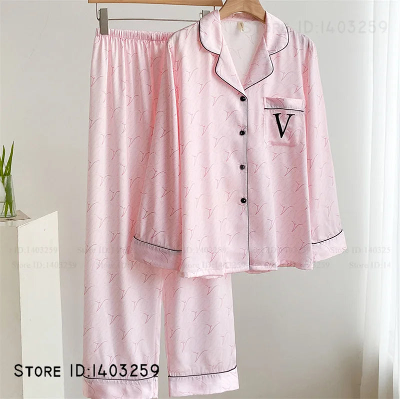 Elegant Silk Satin Women Pajamas Set Lounge Wear Sexy Lingerie Long Sleeve Trouser Pijamas Suit Loose Casual Sleepwear Homewear
