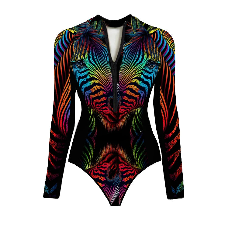 One Piece Swimsuit Long Sleeve Zip Front Blue White One Piece Surf Swimsuit and Sarong Swimwear Slimming Bathing Suit Beach Wear