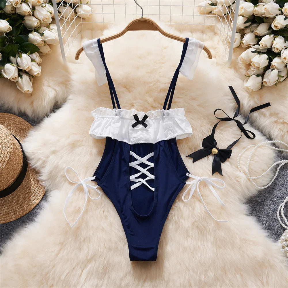Women Strap Hollow Out Backless French Style Striped Erotic Playsuits Cosplay Slim Fit Underwear Black Lingerie Sexy Bodysuits