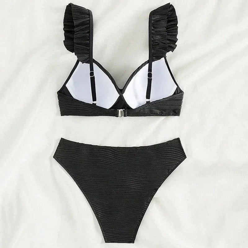 Sexy Black Ribbed Swimwear High Waisted Bikinis Sets 2026 Ruffled Swimsuit Cross Bandage Bathing Suit Brazilian Bikinis De Mujer