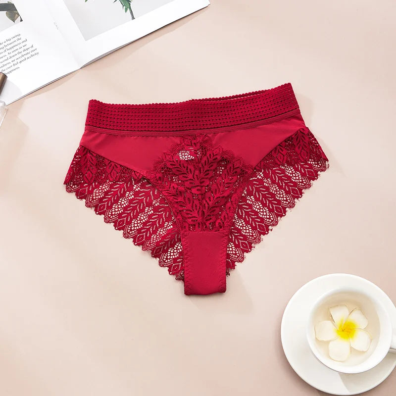 5pcs Solid Color Lace High Waist Sheer Triangle Panties Women's Underwear