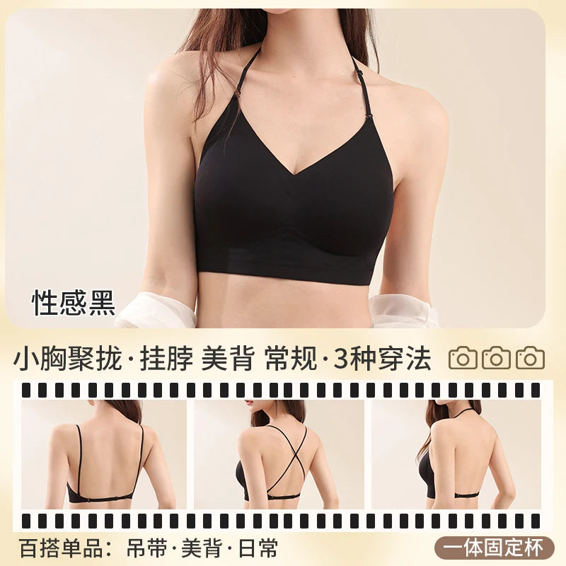 American Style Backless Bra Or Women Multiway Halter Bralette Push Up Small Chest Gather Sexy Cross U Back No Underwire Seamless