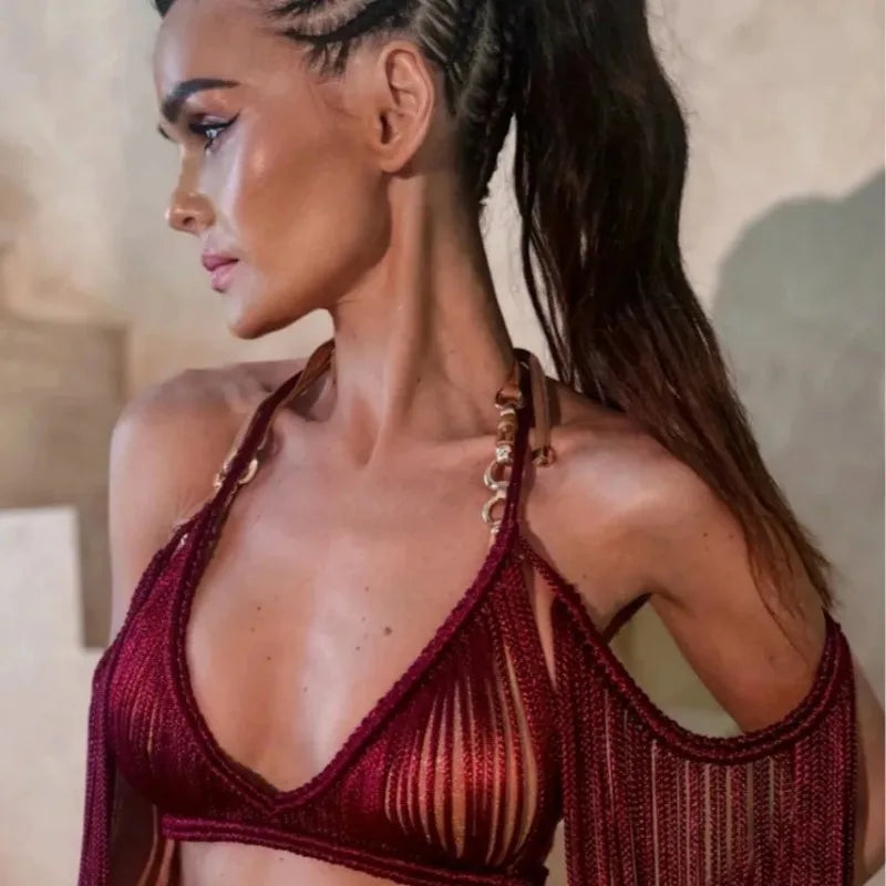 Leosoxs Bikini Cover Ups Hand Crochet Knitted Women 2025 Summer Holiday Tassel Beach Bathing Suit Hollow Out Skirts Matching Set