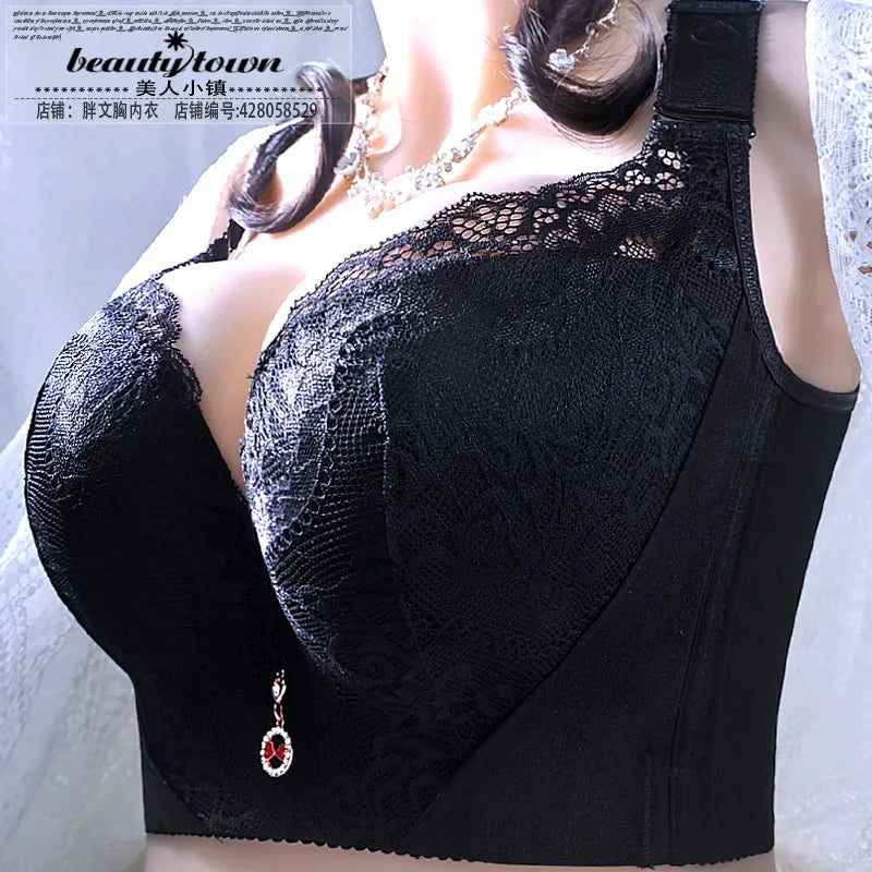 Plus Size Push Up Bra Sexy Lace Underwire - Full Coverage Lingerie for Curvy Women, Wide Side Wings & Thin Cup Support Big Bust