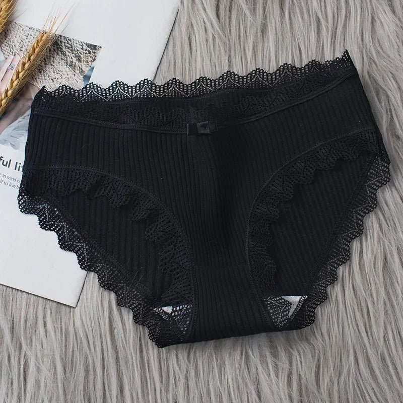 Cotton Sexy Lace Mid Waist Underwear Threaded Brief Solid Color Skin Friendly Ladies Underpant Breathable Fashion Casual Panties