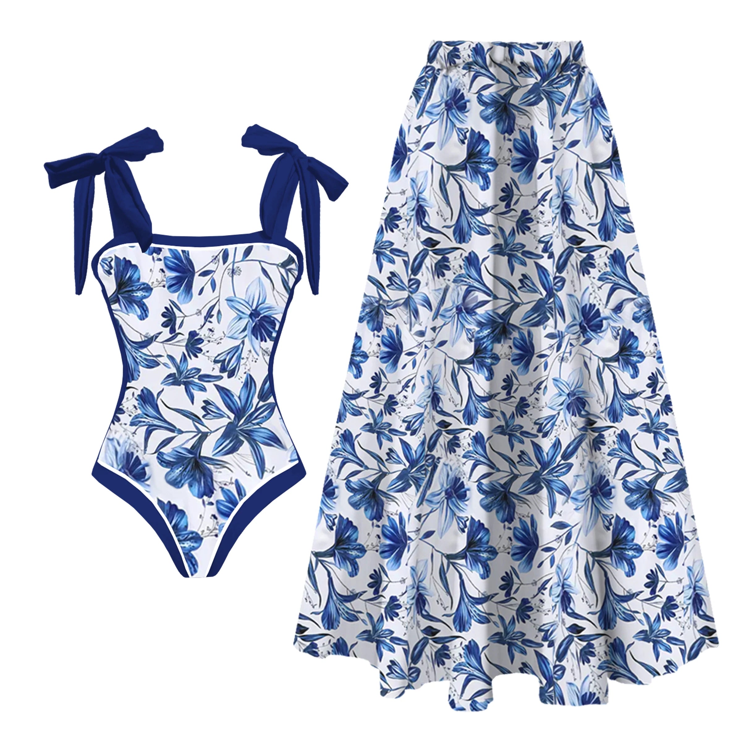 2025 New 2-Piece Shoulder Ruffle Swimsuit With Cover Up Sexy Women Swimwear Push Up Biquini Bathsuit Bodysuit Beachwear Dress