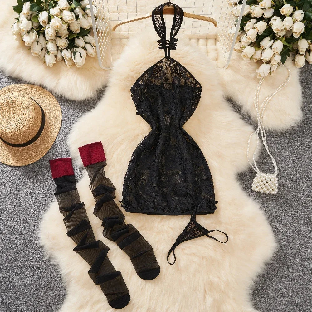 Women Strap Hollow Out Backless French Style Striped Erotic Playsuits Cosplay Slim Fit Underwear Black Lingerie Sexy Bodysuits