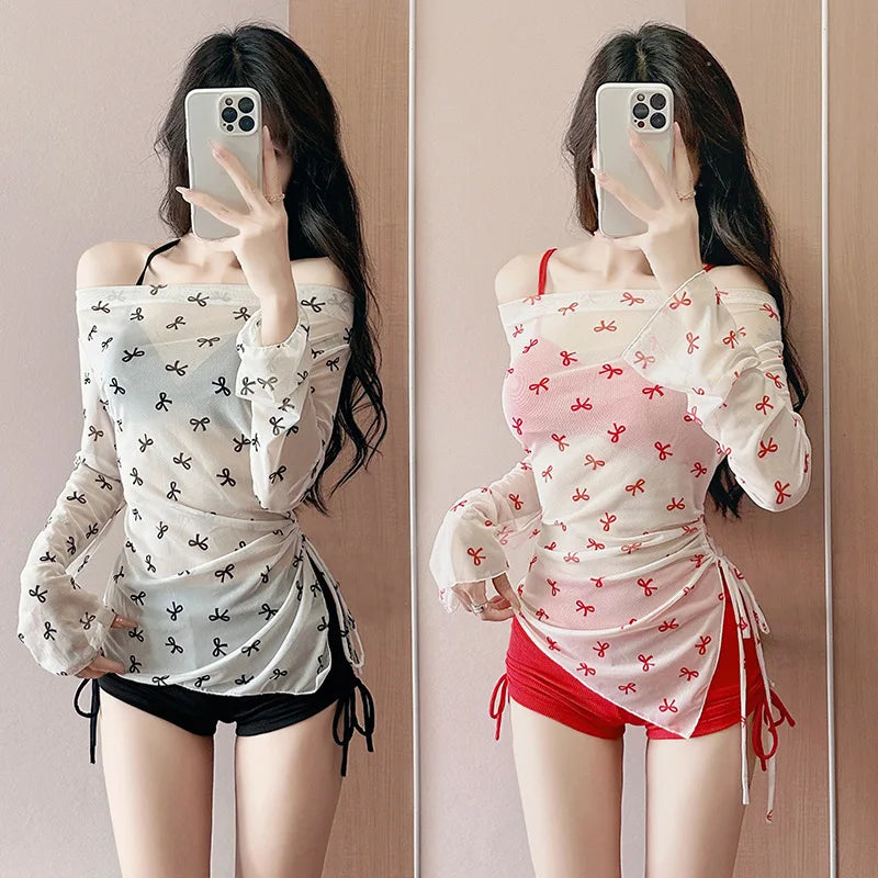 sexy Korean fashion conservative bow bikinis sets three pieces drawstring shorts with perspective mesh cover smock swimsuit
