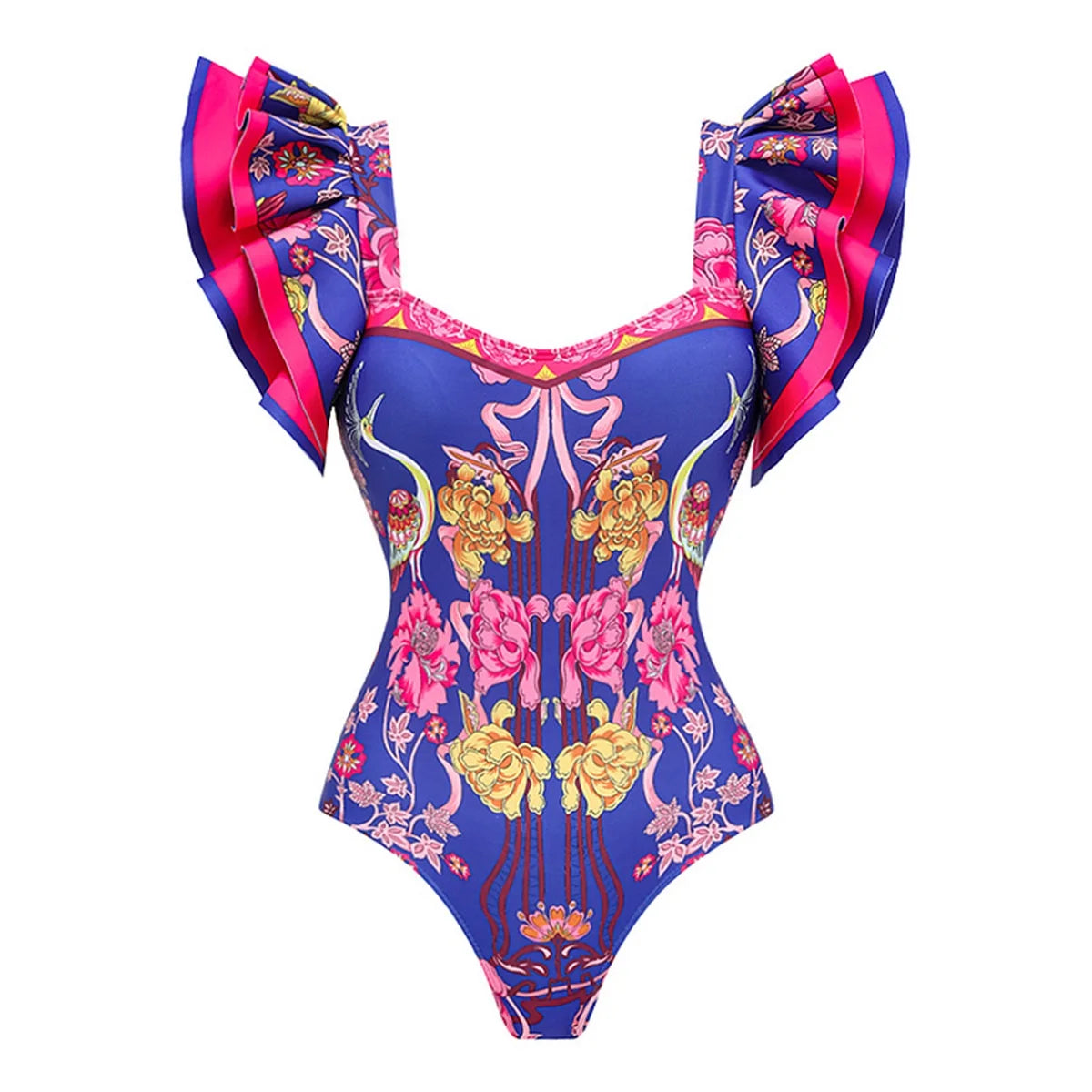 Printed Ruffle One Piece Swimsuit With Cover Up Sexy Swimwear Women Flat Belly Swim Suits Bathsuit Belt Bodysuit Beach Outing