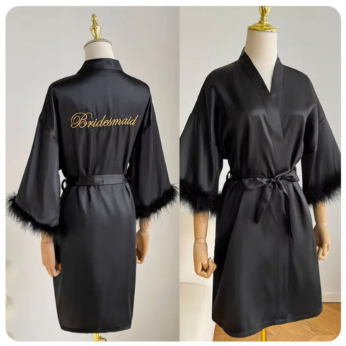 White Bride Wedding Robe with Feathers Women Satin Peignoir Sexy Bridesmids Kimono Gowns Short Bathrobe Bridal Intimate Lingerie