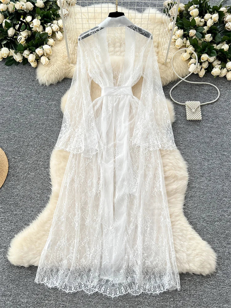 SINGREINY Elegant Sheer Caridigan Long Robes Female Lace Up Solid Long Sleeve Robes Fashion Women Transparent Lace Sensual Robes