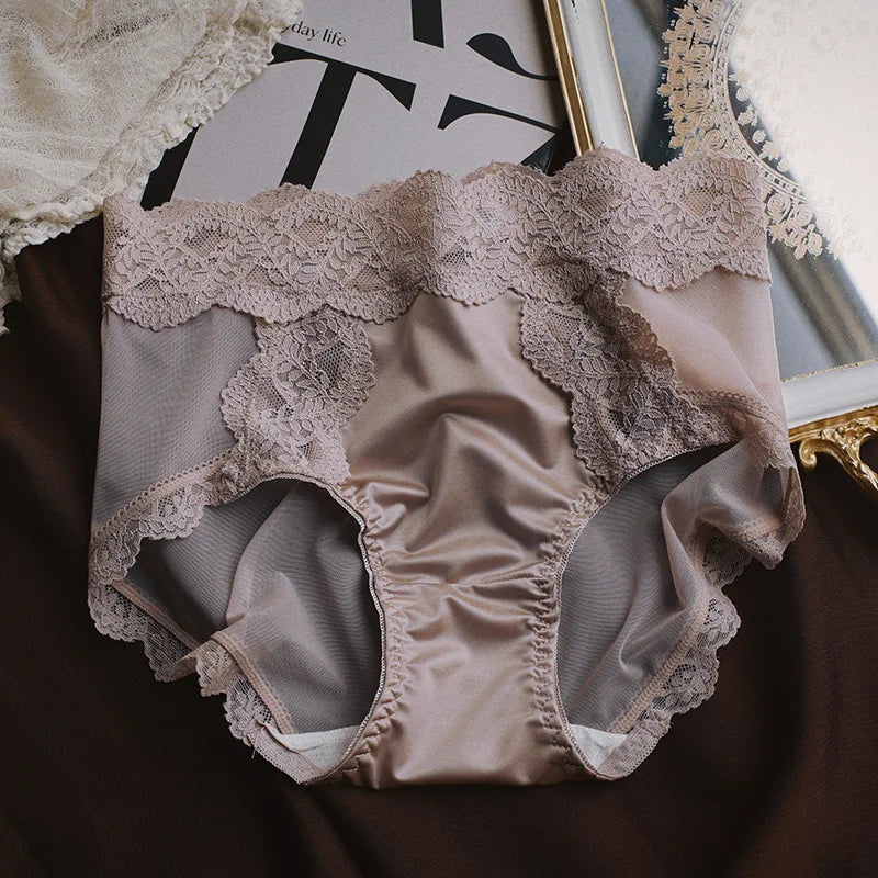 Women Luxury Lace Exquisite Sexy Mesh Transparent Satin Panties Elasticity Breathable Middle Waist Underwear Embroidery Breifs