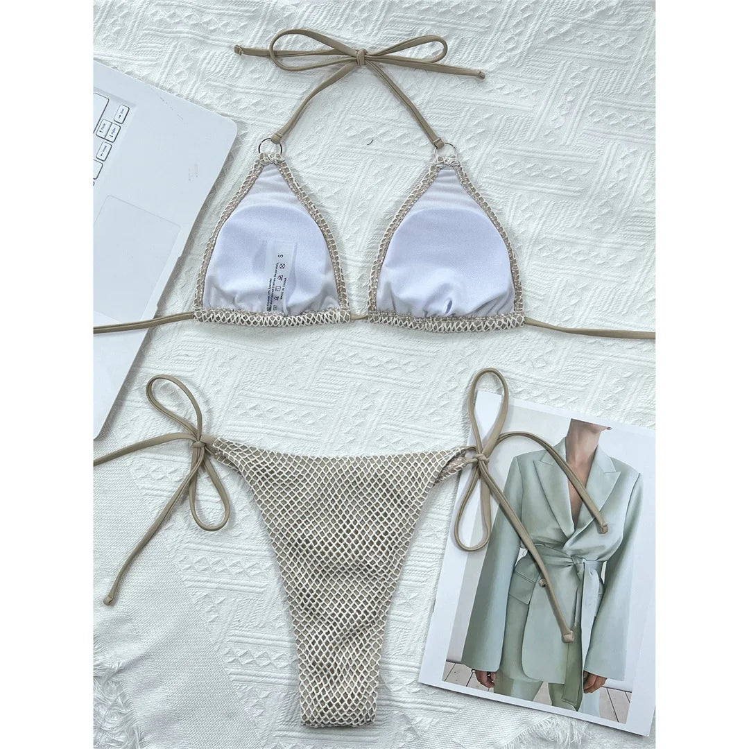 Sexy Halter Mesh Fish Net Brazilian Bikini Female Swimsuit Women Swimwear Two-pieces Bikini set Bather Bathing Suit Swim K3680