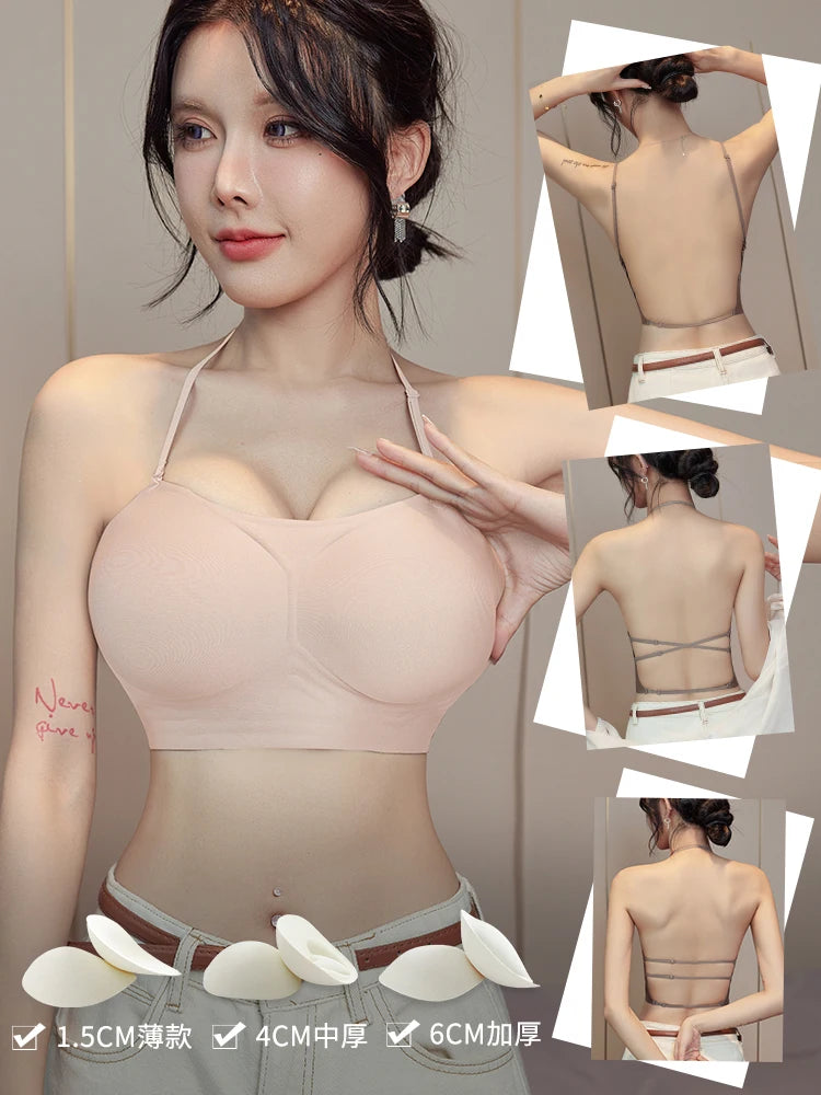 MOYISU Backless Push Up Bra - Thick Padded Straps Dress Essential, Exposed Shoulder Straps Enhancer for Small Bust Sexy Bralette