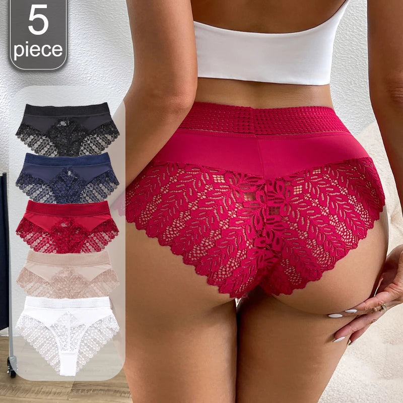 5pcs Solid Color Lace High Waist Sheer Triangle Panties Women's Underwear