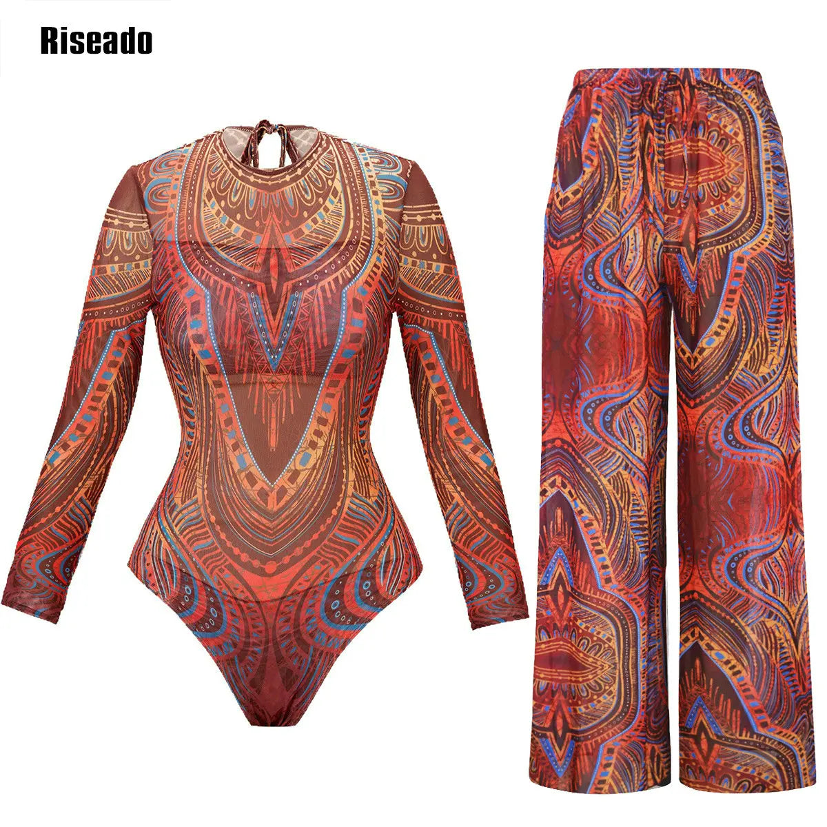 Riseado Mesh Swimsuit with Long Pants & Swimdress Long Sleeve Mesh Beachwear Sexy High Waist Bathing Suit Smart Beach Clothing