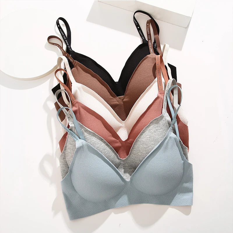FINETOO Women Sexy Seamless Bras Deep V Neck Bralette Sexy Lingerie Letter Strap Tops Push Up Underwear Wireless Brassiere Lady