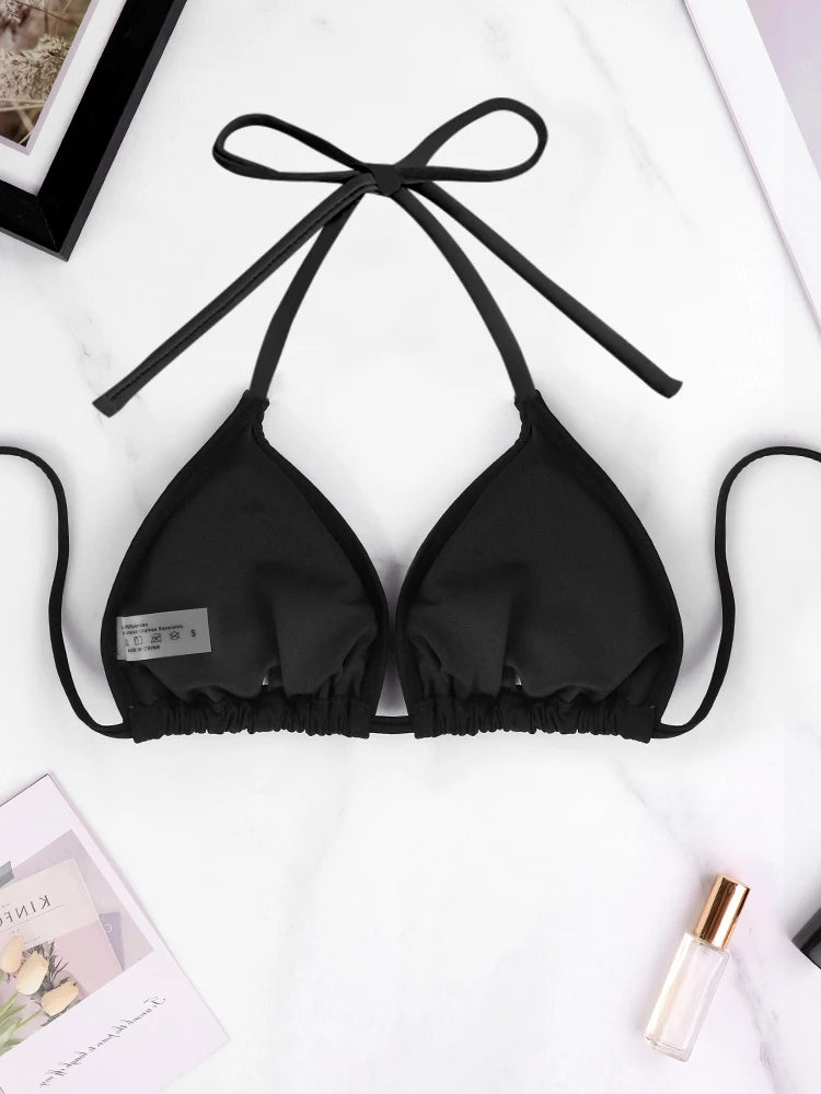 1Pc Women's Sexy Bikini Top Bra Swimsuit Summer Beach Style Solid Color Hanging Neck Bareback Strap Bikini Swimsuit Bra Swimsuit