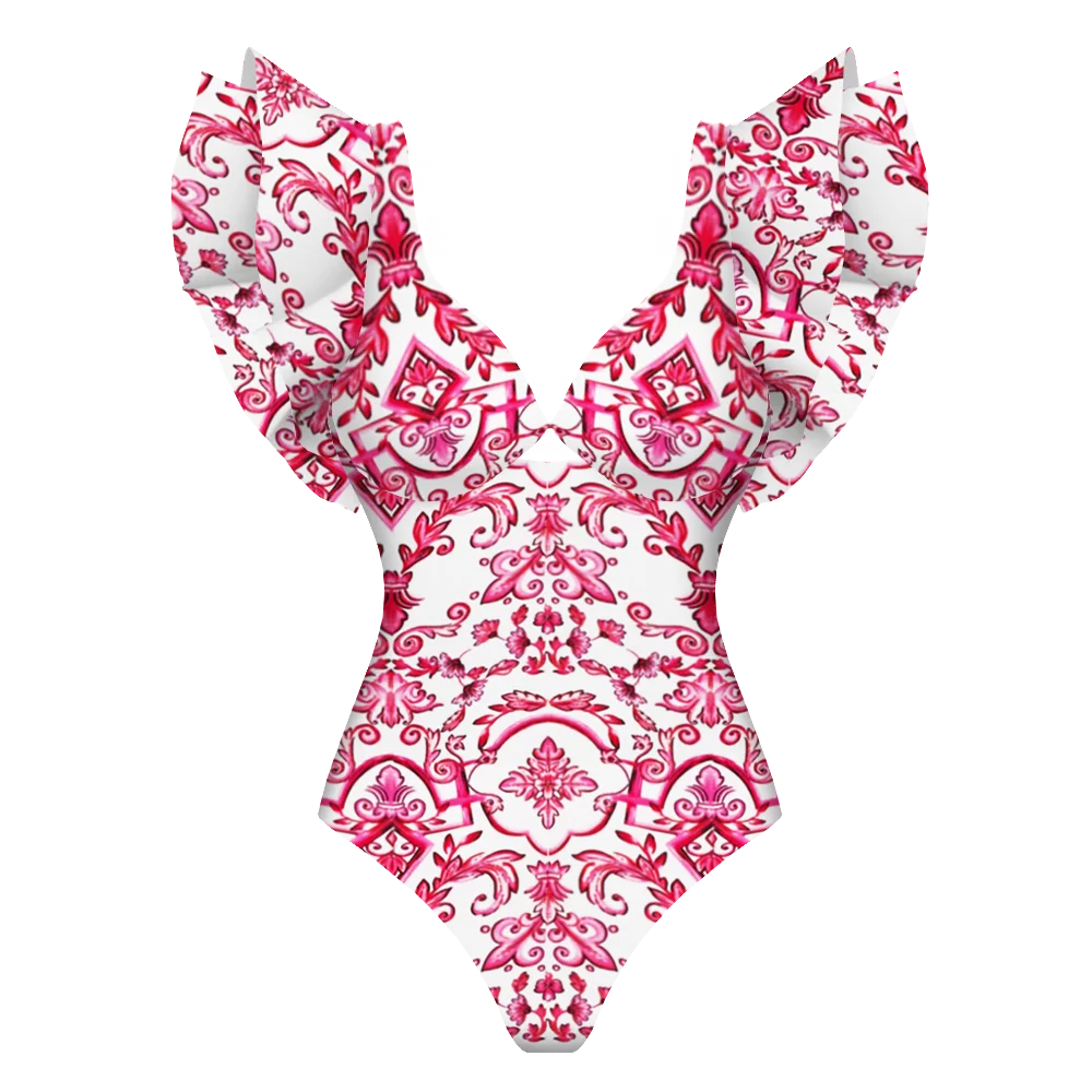 Printed Ruffle One Piece Swimsuit With Cover Up Sexy Swimwear Women Flat Belly Swim Suits Bathsuit Belt Bodysuit Beach Outing