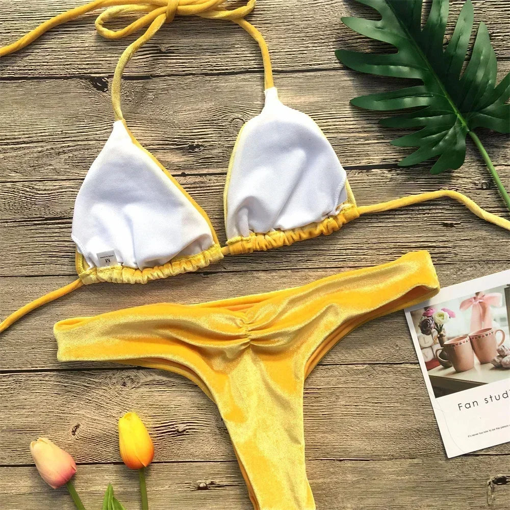 Velvet Bikini Thong Halter Strappy Swimsuit Classic Swimwear Two Piece Women 2026 Beach Outfit Triangle Bikinis Set Bathing Suit
