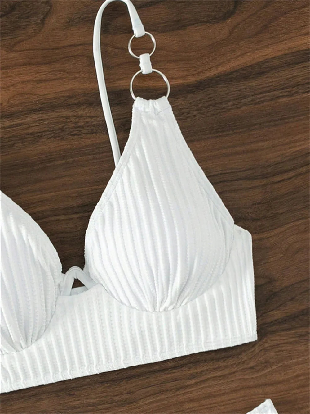 Sexy White Bikini Sling Rings Push Up Swimsuit High Waisted Vacation Swimwear Ribbed Beach Bathing Suit Women 2 Piece Set Outfit