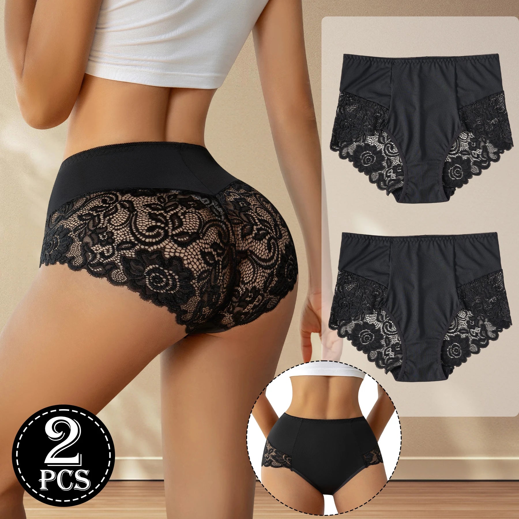 2PCS Black High Waist Women's Underwear Hollow Out Lace Floral Sexy Panties Solid Color Comfortable Briefs Lingerie S-XXL