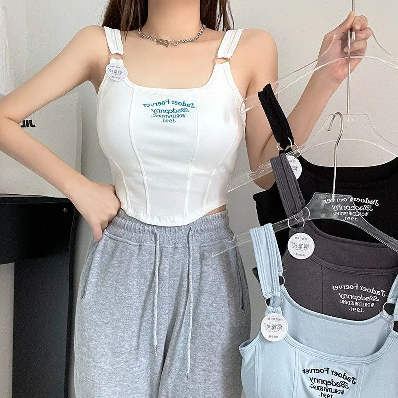 Female Women Print Sleeveless Crop Top Tank Tops Sexy Vest Letters Solid Short Women's T-shirt Camisole Crop Top with Bra Pad