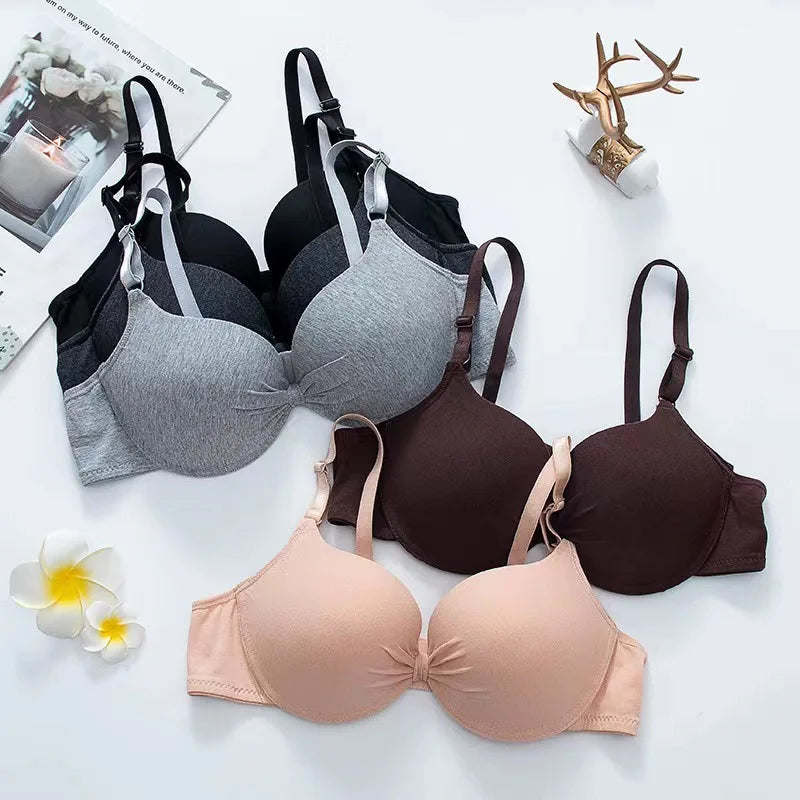 Sexy Women Cotton Gathered Bra Deep V Underwire Ladied Brassiere Push Up Lingerie Solid Bras Backless Intimate Underwear