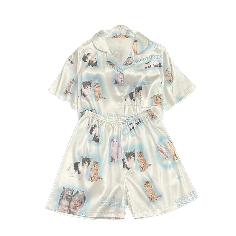 Kawaii Youth Girl's Satin Homewear Short Long Fashion Pyjama Cute Cat Print Summer New Thin Pajamas for Women Silk Home Set