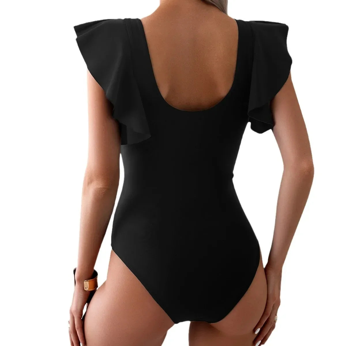 Women's Swimsuit 2024 Trend Tummy Control V Neck Sexy Bikini Ruched Bathing Suits Slim Fit Ruffle Sleeve Swimwear