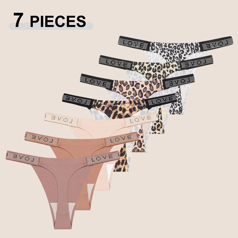 7Pcs/Set Printed Leopard Crystal Letter Thongs For Women Fashion Low Waist Soft Breathable Underpants Female Traceless G-string